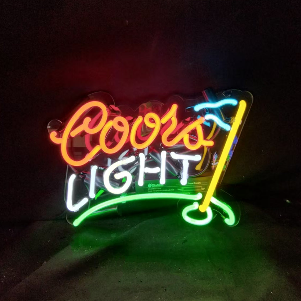 Coors Light Golf Neon Sign Light showing vibrant neon tubing on acrylic backing with metal chain hanging