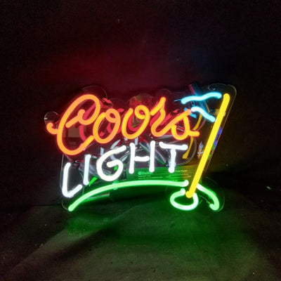 Coors Light Golf Neon Sign Light showing vibrant neon tubing on acrylic backing with metal chain hanging