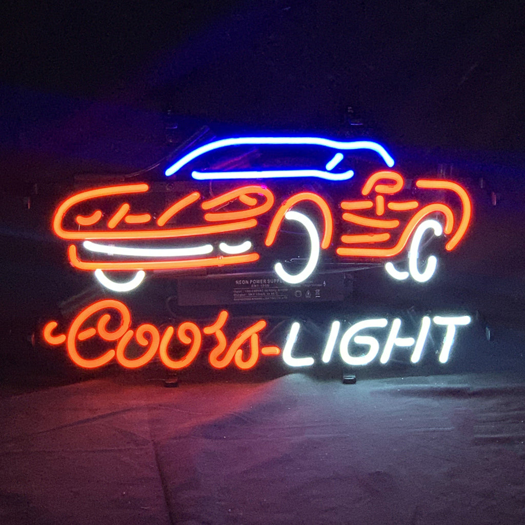 Coors Light Auto Car Neon Sign illuminated on wall
