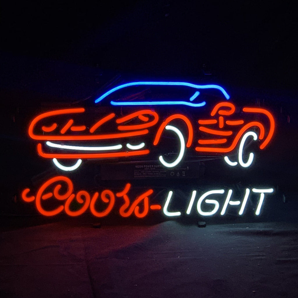 Neon sign featuring a red outline of a classic car with blue roof and white wheels, accompanied by 'Coors Light' text in red and white neon script beneath.