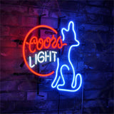 Coors Light Coyote Wolf Moon Neon Sign Light on metal grid backing, glowing blue and white neon illumination
