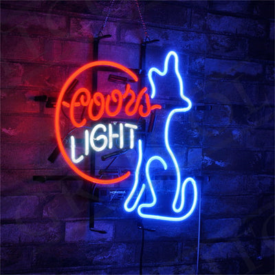 Coors Light Coyote Wolf Moon Neon Sign Light on metal grid backing, glowing blue and white neon illumination
