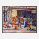 Impressionist painting of a person arranging produce at an outdoor market stall with colorful fruits and vegetables stacked in crates beneath a tiled roof