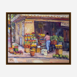 Impressionist-style painting of a street corner market with colorful fruit crates, a person arranging produce, and green watermelons on the ground under an awning.