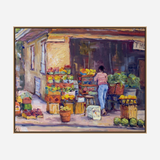 Oil painting of a market corner with a person in a pink shirt tending to stacked crates of colorful fruits and vegetables outside a beige building.
