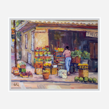Impressionist-style painting of a street corner market with wooden crates of fruits and vegetables, a person arranging produce under a tiled awning.