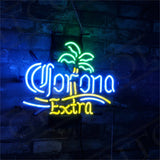 Neon sign with blue 'Corona' text, a green palm tree above, and yellow 'Extra' text below against a dark brick wall background.