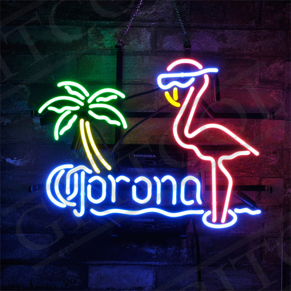 Corona Extra Flamingo Palm Tree Neon Light Sign glowing pink and green neon flamingo and palm tree on a metal grid backing