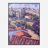 Impressionist-style painting of a Tuscan hillside with warm terracotta rooftops in the foreground and tall cypress trees scattered among rolling hills and distant buildings under a cloudy sky.