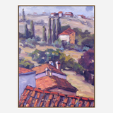 Impressionist-style canvas painting of a hilly Tuscan landscape with red-tiled roofs in foreground and tall cypress trees amid soft green and purple hill shades.