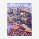 Impressionist-style landscape painting featuring terracotta rooftops in the foreground with tall cypress trees and rolling hills under a cloudy sky in muted purple and green tones.
