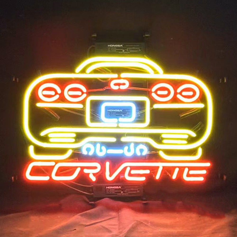 Yellow Corvette Auto Car Neon Sign Light glowing on metal grid backing
