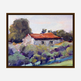 Impressionist-style painting of a white cottage with a red roof surrounded by green and purple foliage under a pale sky.