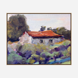 Impressionist canvas painting of a white cottage with a red roof surrounded by lush green and purple foliage under a soft, pastel sky.