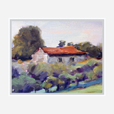 Impressionist-style painting of a countryside cottage with a red roof surrounded by lush greenery and trees under a pale sky.
