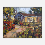 Impressionistic oil painting of a rustic cottage with a brown roof, surrounded by vibrant red and green foliage, and a winding path leading up to it under a cloudy sky.