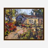 Impressionistic painting of a cottage with a brown roof and beige walls, surrounded by colorful foliage and a winding path in warm autumn colors.