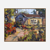 Impressionistic painting of a small cottage surrounded by colorful foliage with a winding path leading to its door under a mottled sky.