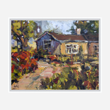 Impressionistic painting of a cottage with a red roof, surrounded by colorful foliage in shades of green, yellow, and red, under a cloudy sky.