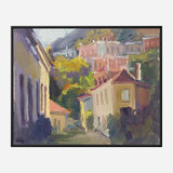 Impressionistic painting of hillside cottages with warm tones of pink and yellow, surrounded by lush green trees and a soft mountainous background.
