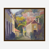 Impressionist painting of hillside cottages with soft pastel colors, featuring warm yellows and pinks contrasted by muted purples in shadows and foliage.