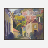 Impressionistic painting of hillside cottages with warm yellows, pinks, and greens, featuring softly blended brushstrokes and a layered architectural composition.