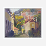 Impressionistic painting of a hillside village with pastel-colored cottages, surrounded by green foliage and set against a backdrop of hills and muted sky.