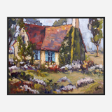 Impressionistic painting of a small cottage with vibrant blue shutters and a red tiled roof, surrounded by lush greenery and colorful flowers.