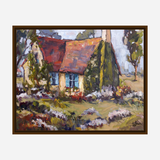 Impressionistic painting of a cottage with a red and orange tiled roof, blue shutters, surrounded by green foliage and lavender-colored bushes in a garden setting.