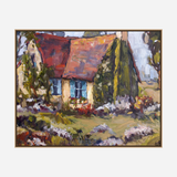 Impressionistic painting of a small stone cottage with blue shutters, a reddish roof, surrounded by green and white foliage in a soft, textured brushstroke style.