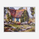 Impressionist-style painting of a cottage with bright blue shutters, a red-orange roof, and lush greenery with flowering bushes in the foreground.