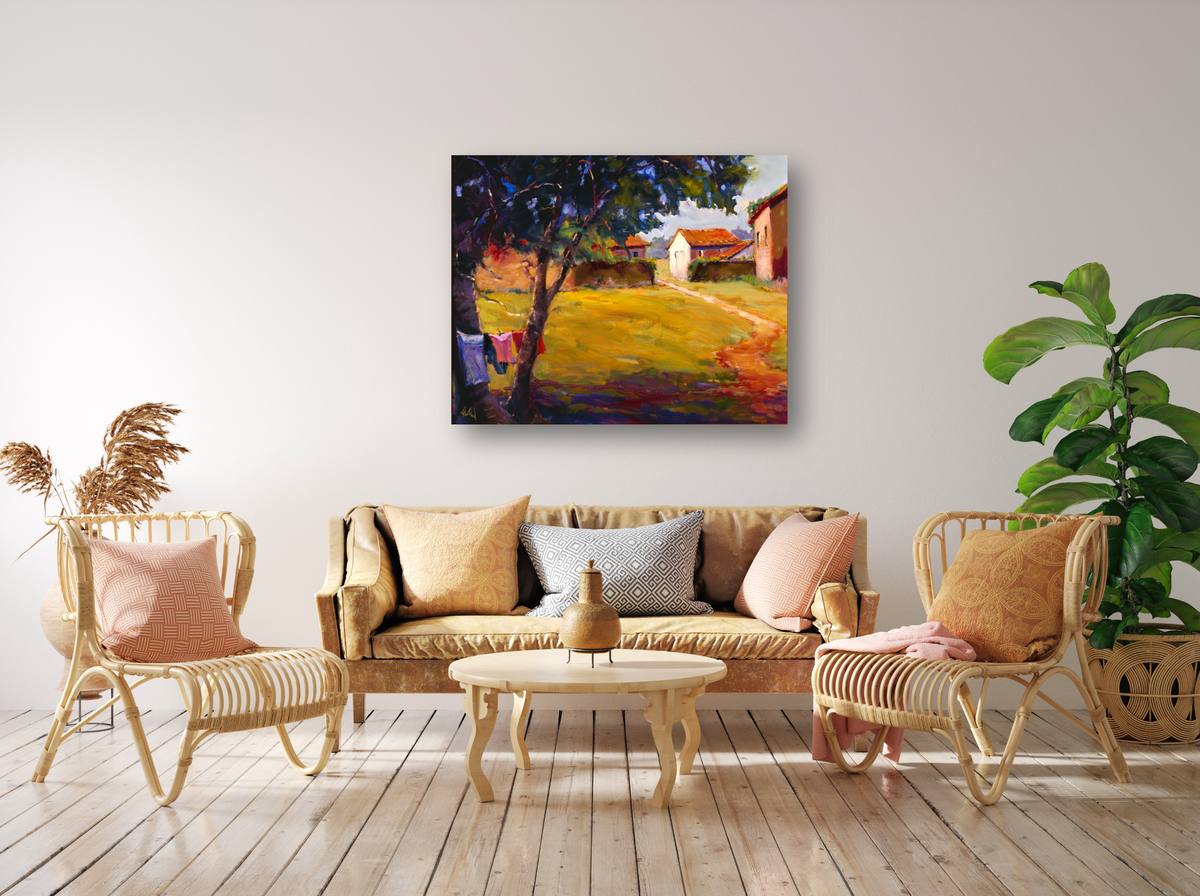 Painting of a sunlit country path beside a white cottage with red roofs, framed by dark tree branches and a bright yellow grassy area.
