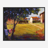 Impressionist painting of a sunlit country path leading past a tree with laundry hanging, toward cottages with red-tiled roofs under a partly cloudy sky.