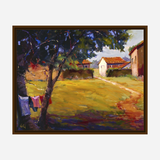 Oil painting of a sunlit country path leading to white cottages with terracotta roofs, framed by leafy trees casting shadows and colorful laundry hanging on a line.
