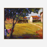 Impressionist-style painting depicting a sunlit country path leading to cottages with red roofs, bordered by a tree with colorful laundry hanging beneath its branches.