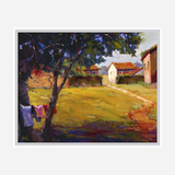 Impressionist painting of a sunlit country path winding past cottages with red roofs, framed by a tree with clothes hanging on a line in the foreground.