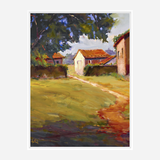 Oil painting of a sunlit rural path curving toward white and terracotta-roofed cottages with dark green trees and a blue sky in the background.