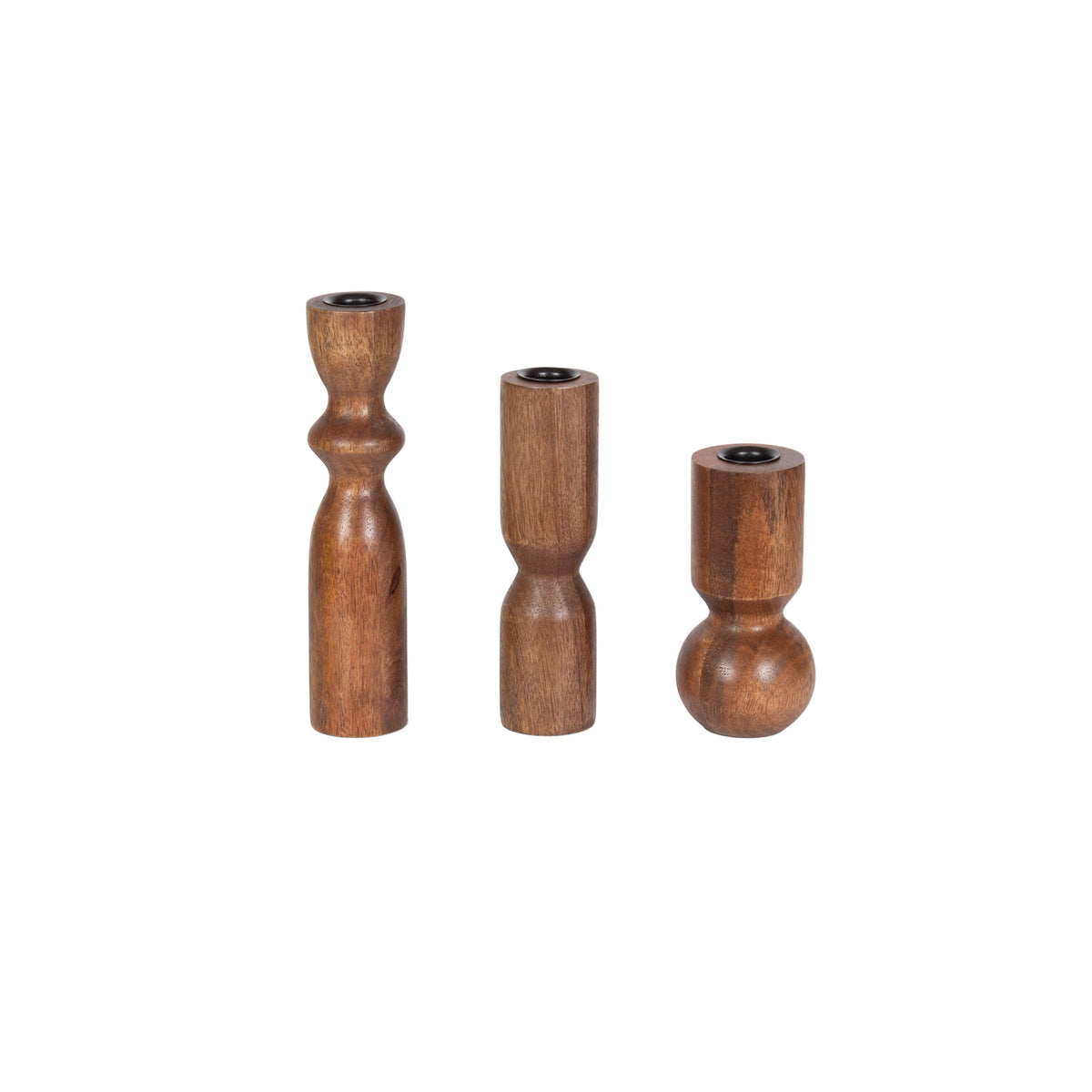 Set of three wooden taper candle holders in varying shapes: tall with curved midsection, medium with a narrower waist, and short with a rounded base, all with smooth finish.