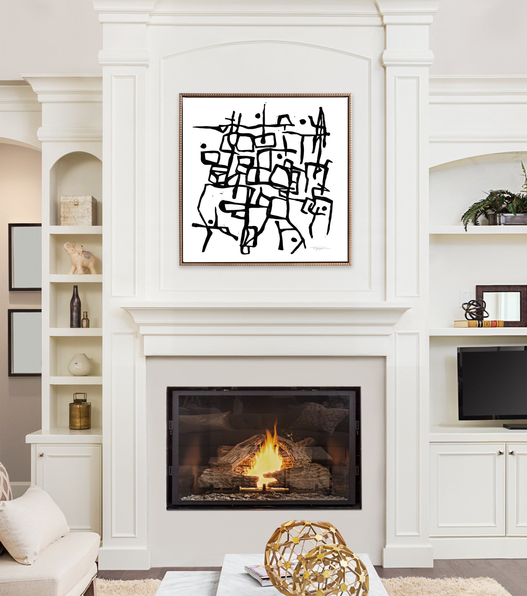 Sylvie Beaded Organic Lines Black and White Abstract Framed Canvas by Statement Goods