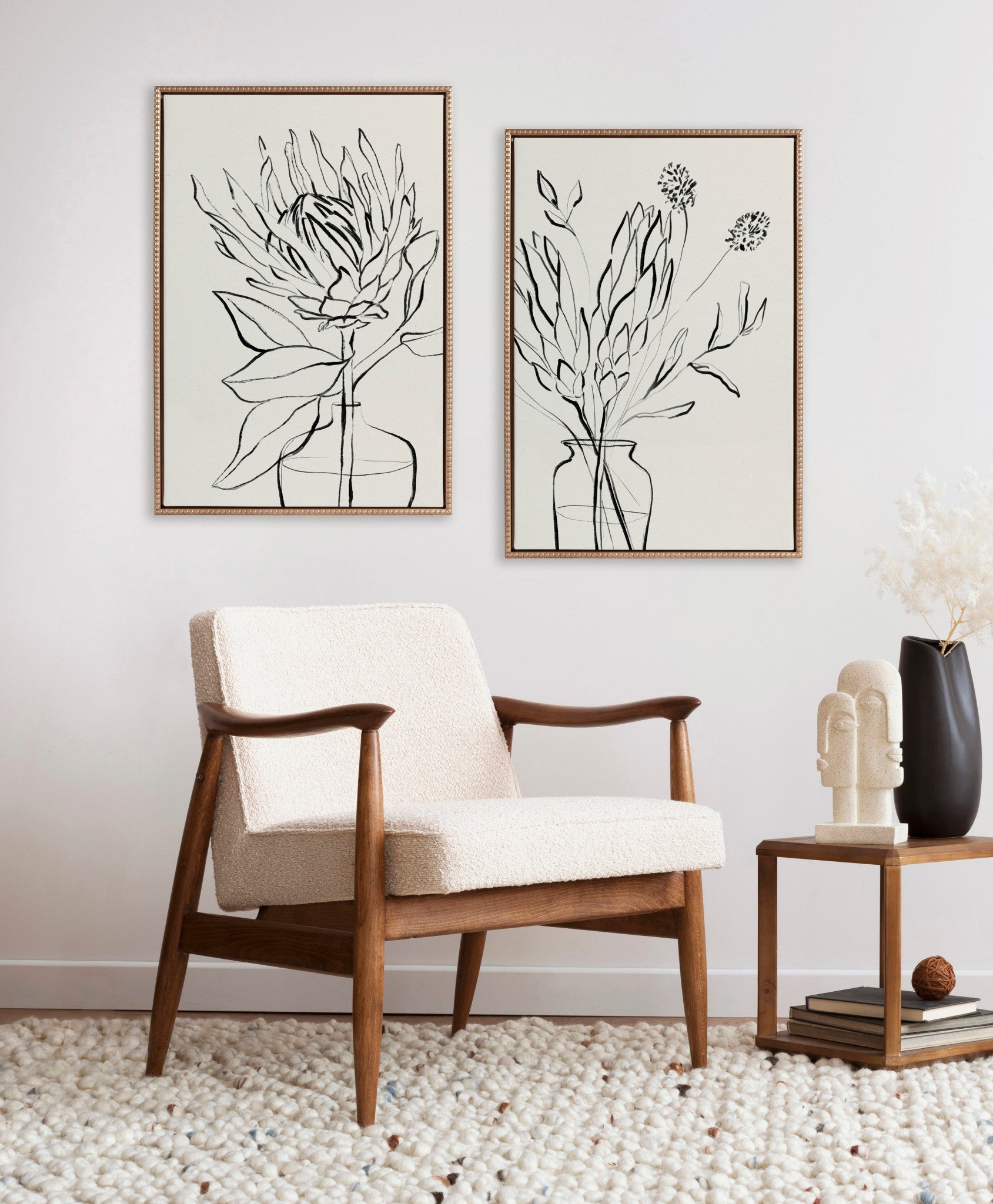 Sylvie Beaded SB Protea Sketch 1 BW and SB Protea Sketch 2 BW Framed Canvas Art Set by Sara Berrenson