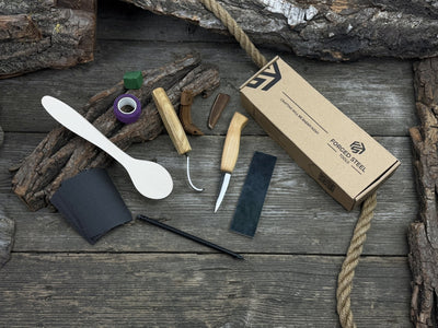 All-in-one wooden spoon whittling kit with knives, wooden blank, sandpaper, and sharpening tools
