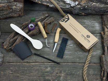 All-in-one wooden spoon whittling kit with knives, wooden blank, sandpaper, and sharpening tools