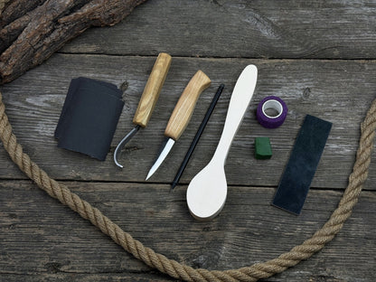 All-in-one wooden spoon whittling kit with knives, wooden blank, sandpaper, and sharpening tools