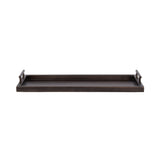 Rectangular dark bronze metal tray with low edges and two slim vertical handles on each short side, shown from front against white background.