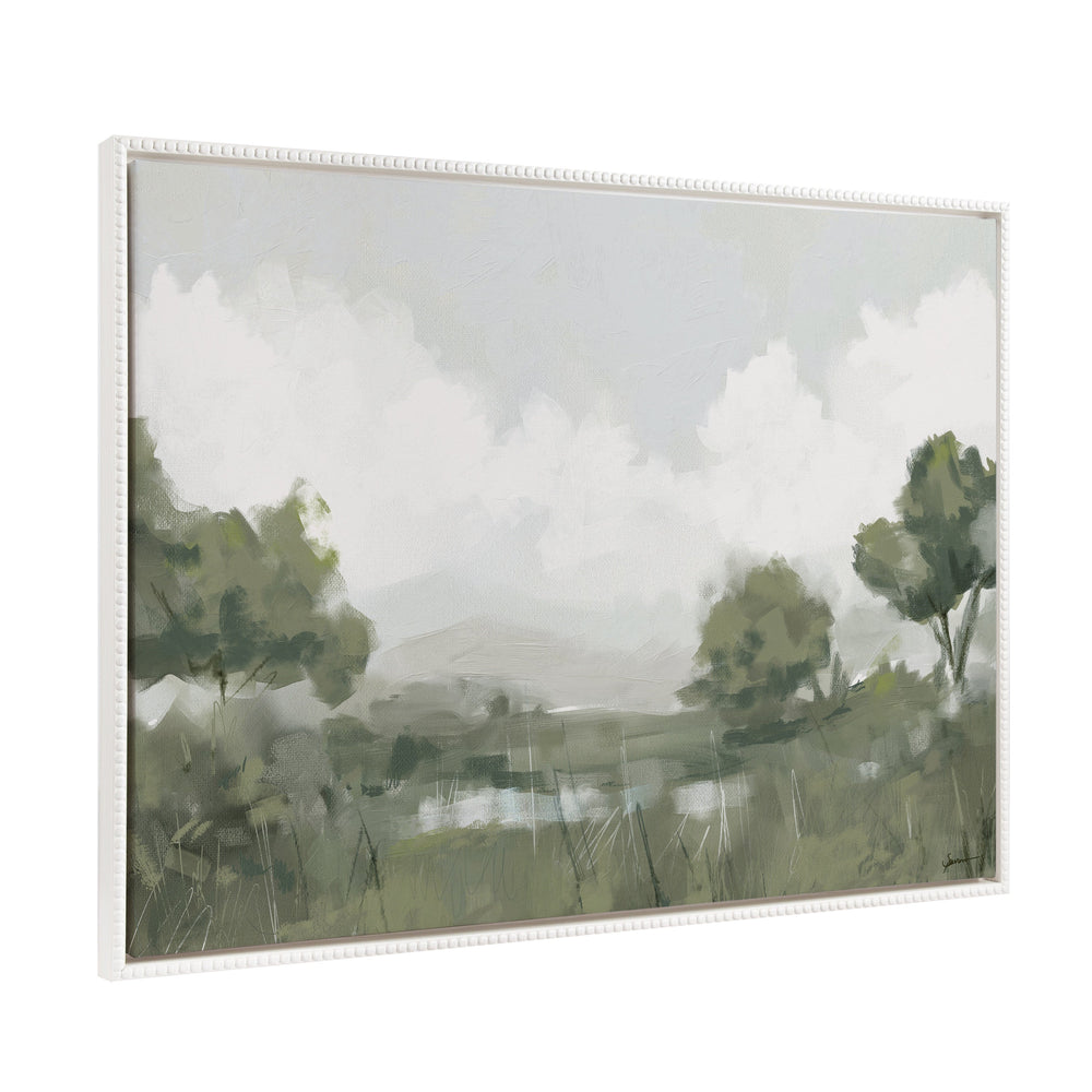 Sylvie Beaded Shades of Olive framed canvas artwork showing abstract olive tree forms in soft olive and green shades with a vintage beaded white frame