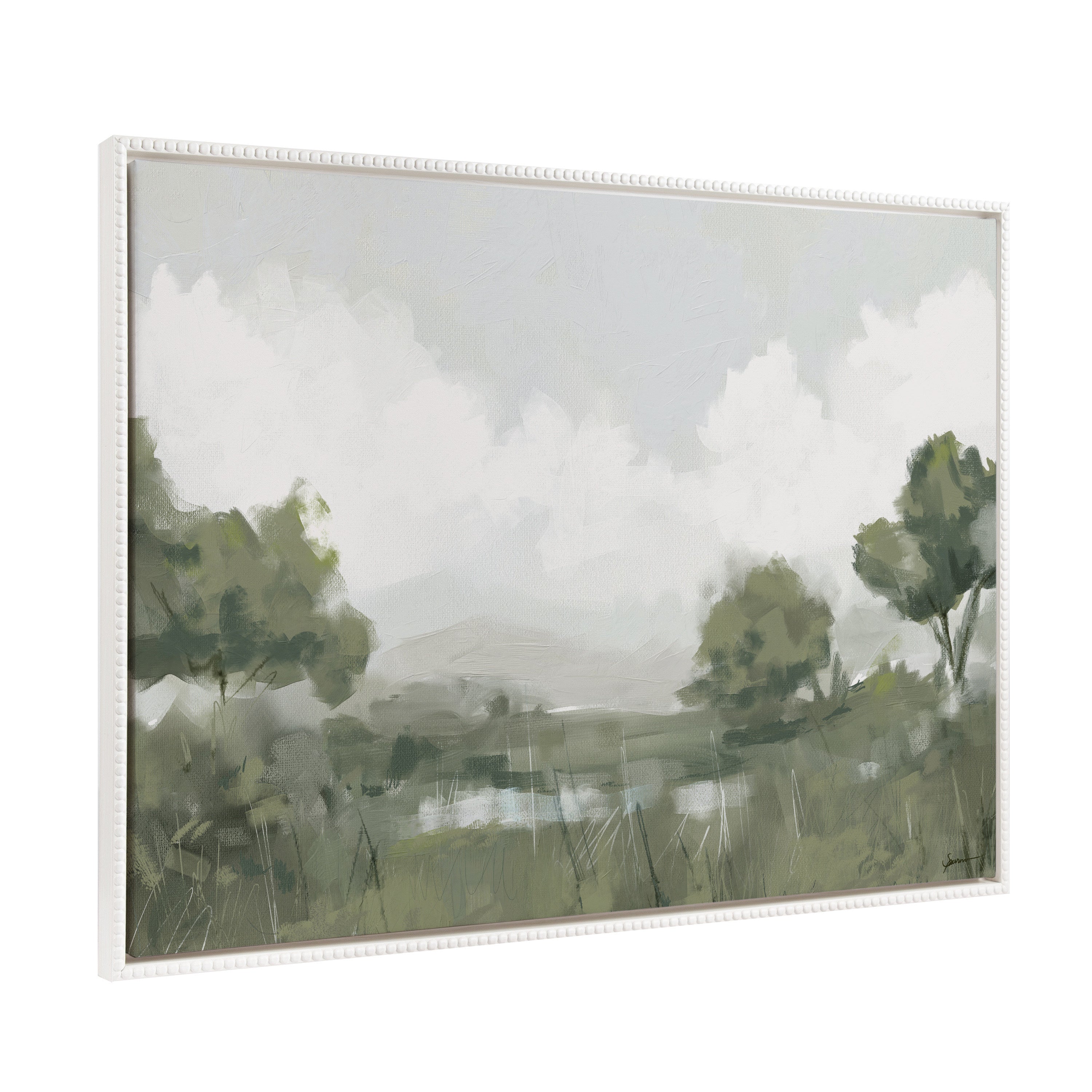 Sylvie Beaded Shades of Olive framed canvas artwork showing abstract olive tree forms in soft olive and green shades with a vintage beaded white frame