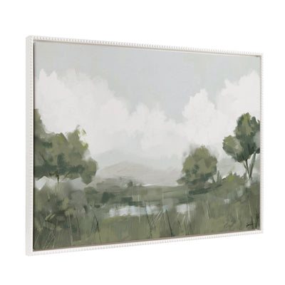 Sylvie Beaded Shades of Olive framed canvas artwork showing abstract olive tree forms in soft olive and green shades with a vintage beaded white frame