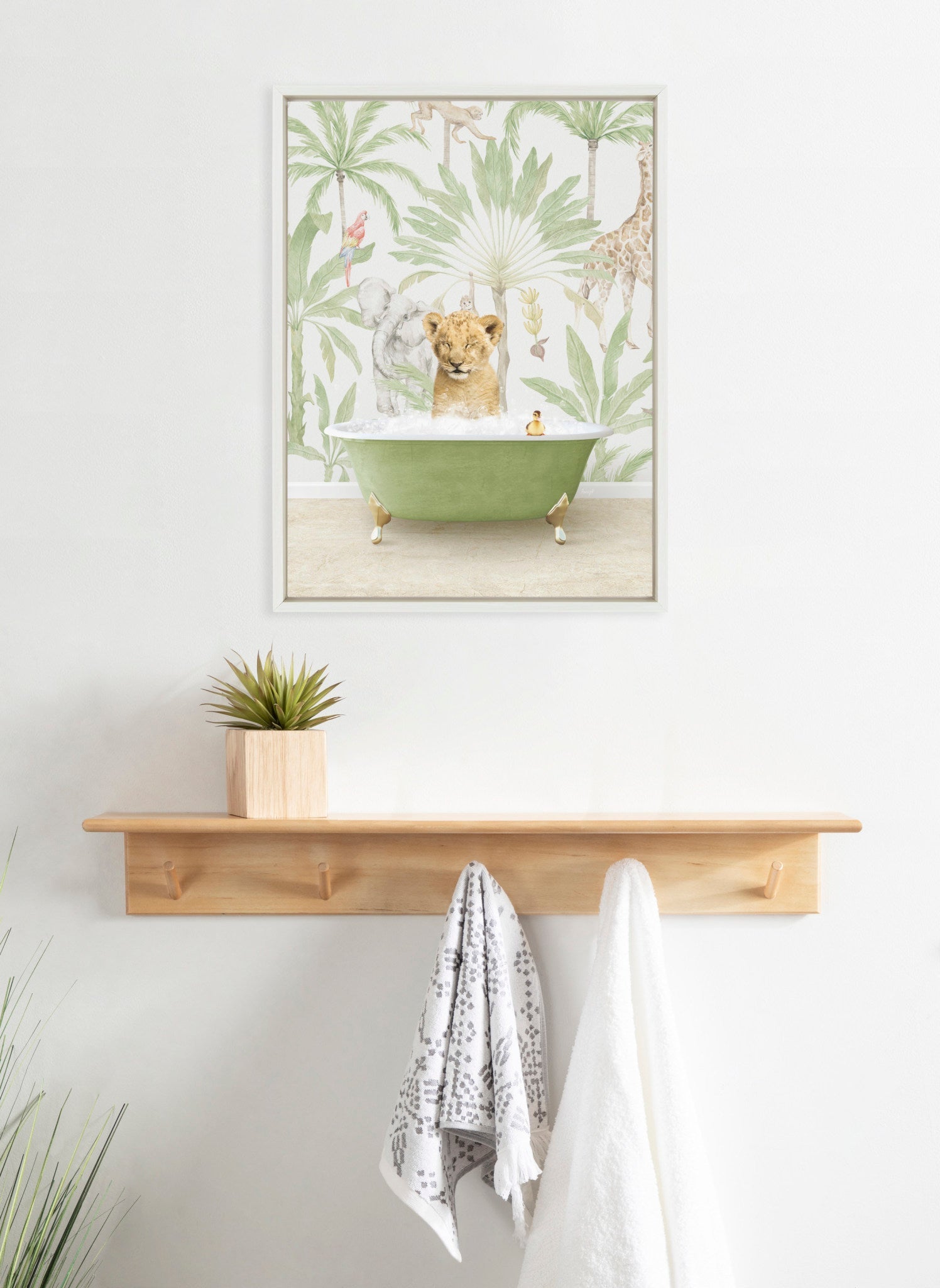 Sylvie Lion Cub in Wild Safari Bath Framed Canvas by Amy Peterson Art Studio
