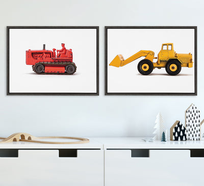 Sylvie Vintage Toy Bulldozer Red and Vintage Toy Front End Loader Yellow Framed Canvas Art Set by Saint and Sailor Studios