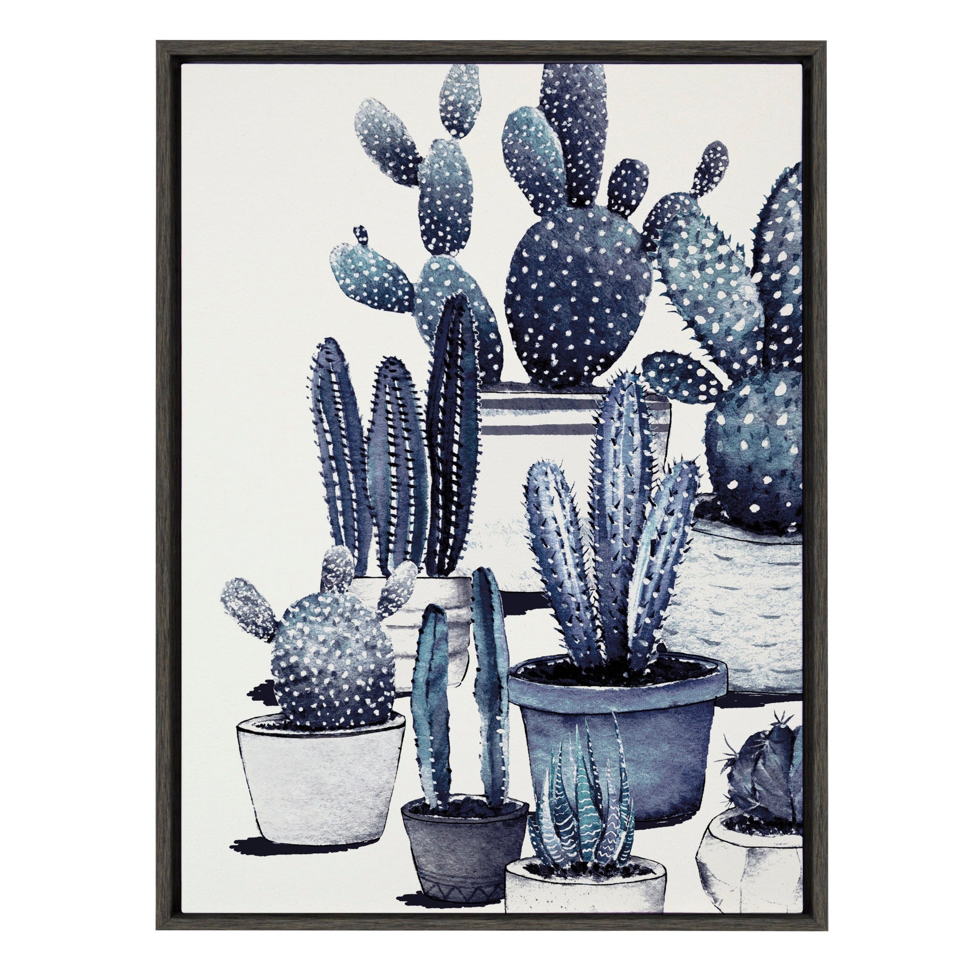 Sylvie Blue Potted Cacti Framed Canvas, Gray 23x33 by kateandlaurel - main product image for Resin Society